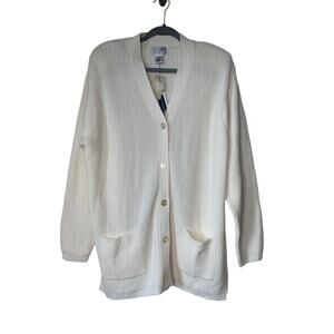 VTG Jennifer Moore Cream Chunky Ribbed Knit Cardigan Shoulder Pads Grandma Large